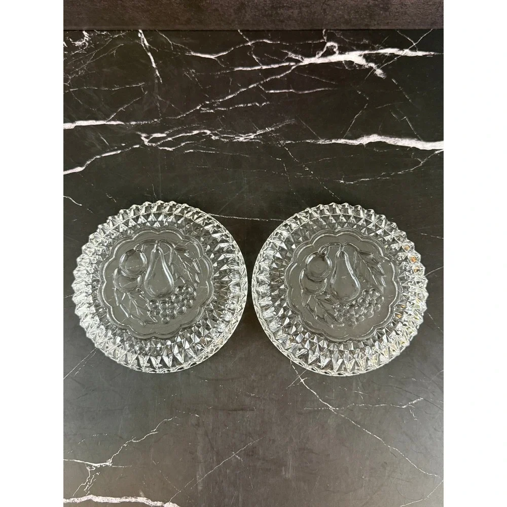 VTG PAIR (2) Pressed Glass EAPG Wine Champagne Coasters Sawtooth Edge Fruits